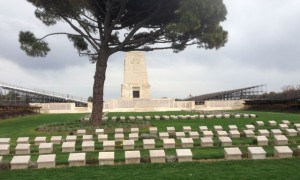 Lone Pine-- Monument to Australian soldiers with bleachers set up for 100th anniversary of battle